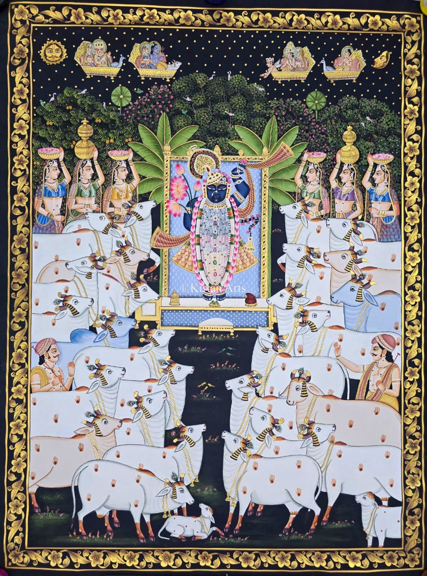 Shrinathji with Cows Pichwai Painting | Intricate Work | Dark Background | 4x3 ft