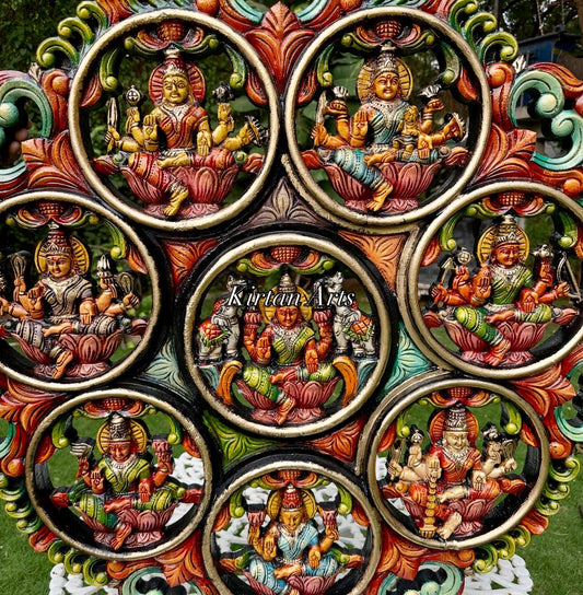 Wood Carved Ashtalakshmi Circular Wall Panel | 36”x36”