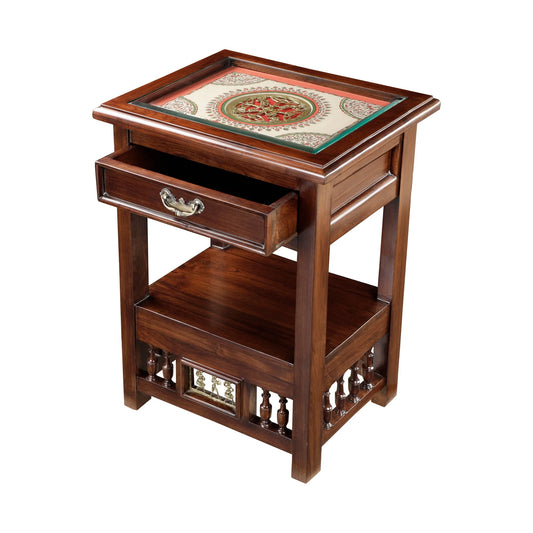 Myra-I Premium Teakwood Side Table – 24-Inch Accent Table with Drawer, Warli & Dhokra Art