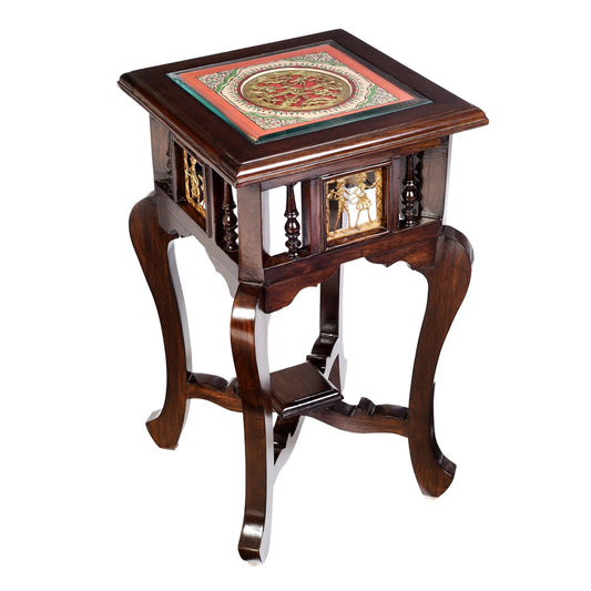 Karma Premium Teakwood End Table – 14-Inch Square Accent Table with Warli & Dhokra Art