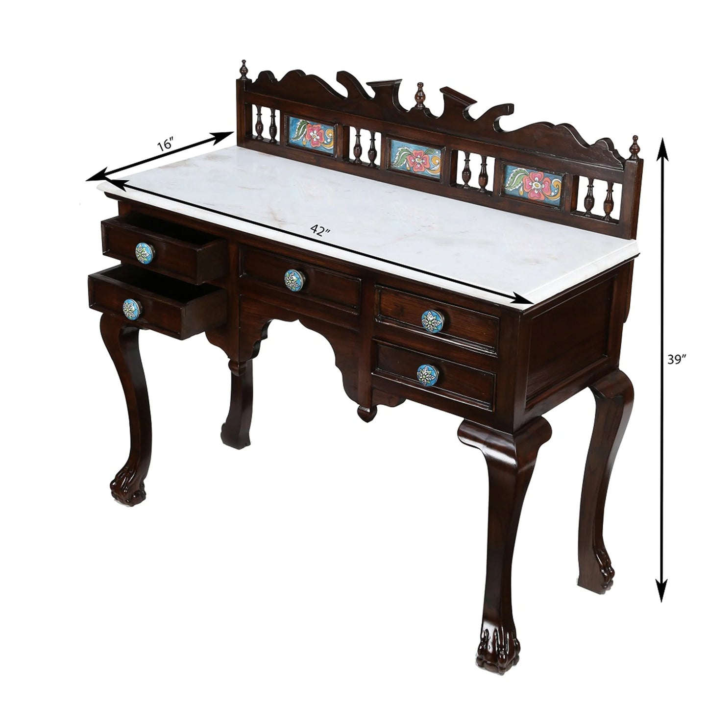 Faun Solid Teakwood Console Vanity Table – 42-Inch Traditional Walnut Finish Desk with Marble Top, Ceramic Tiles, and Oriental Claw-Foot Legs