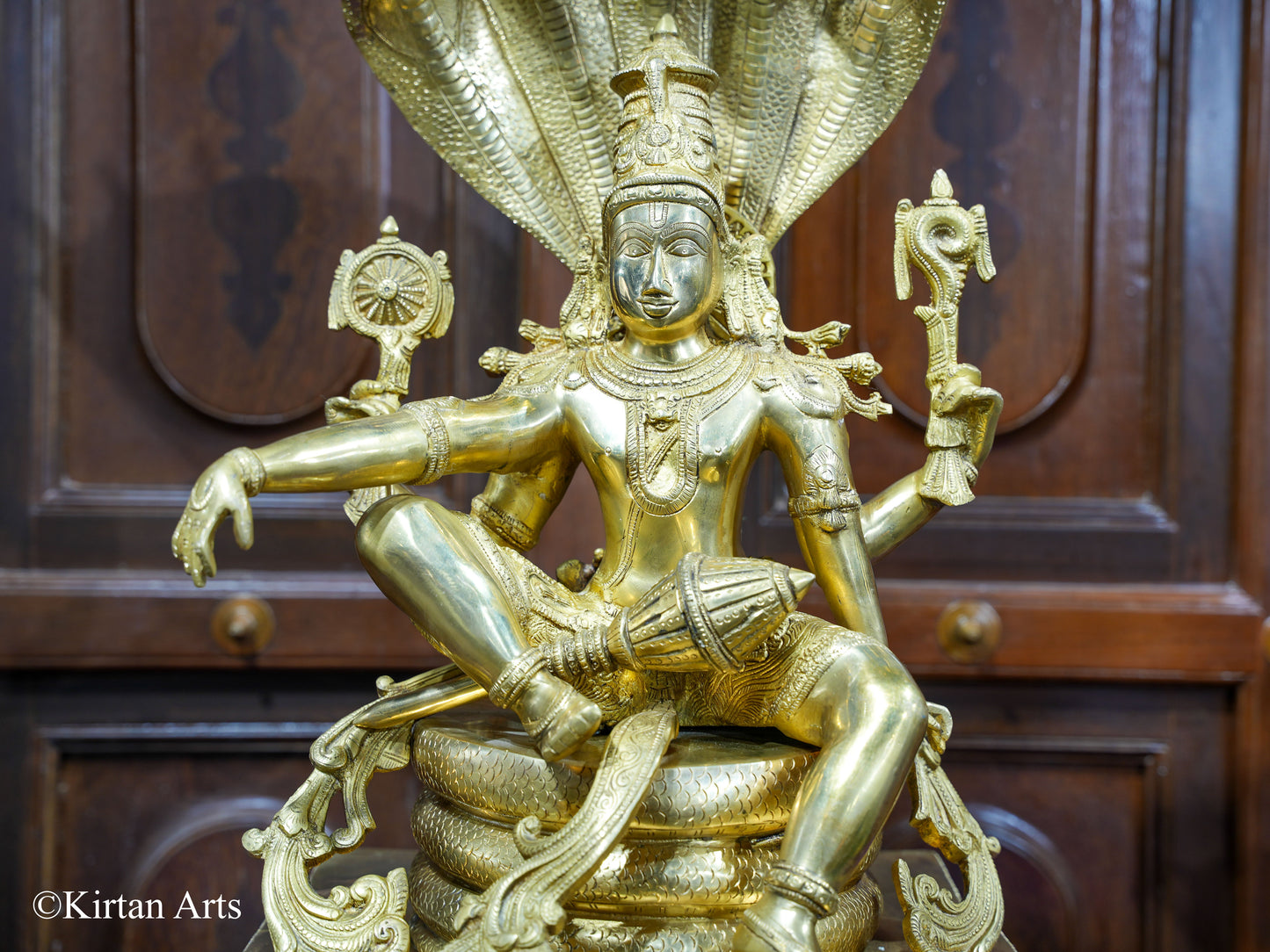 Brass Lord Vishnu seated on SeshNag 28"