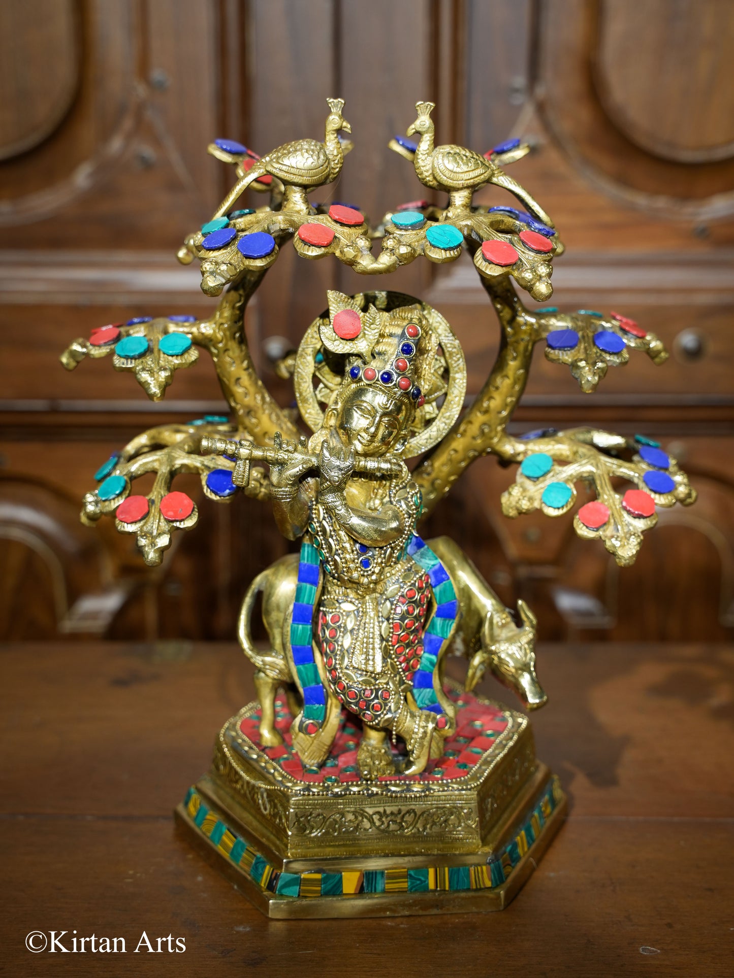 Brass Cow Krishna with Tree 12"