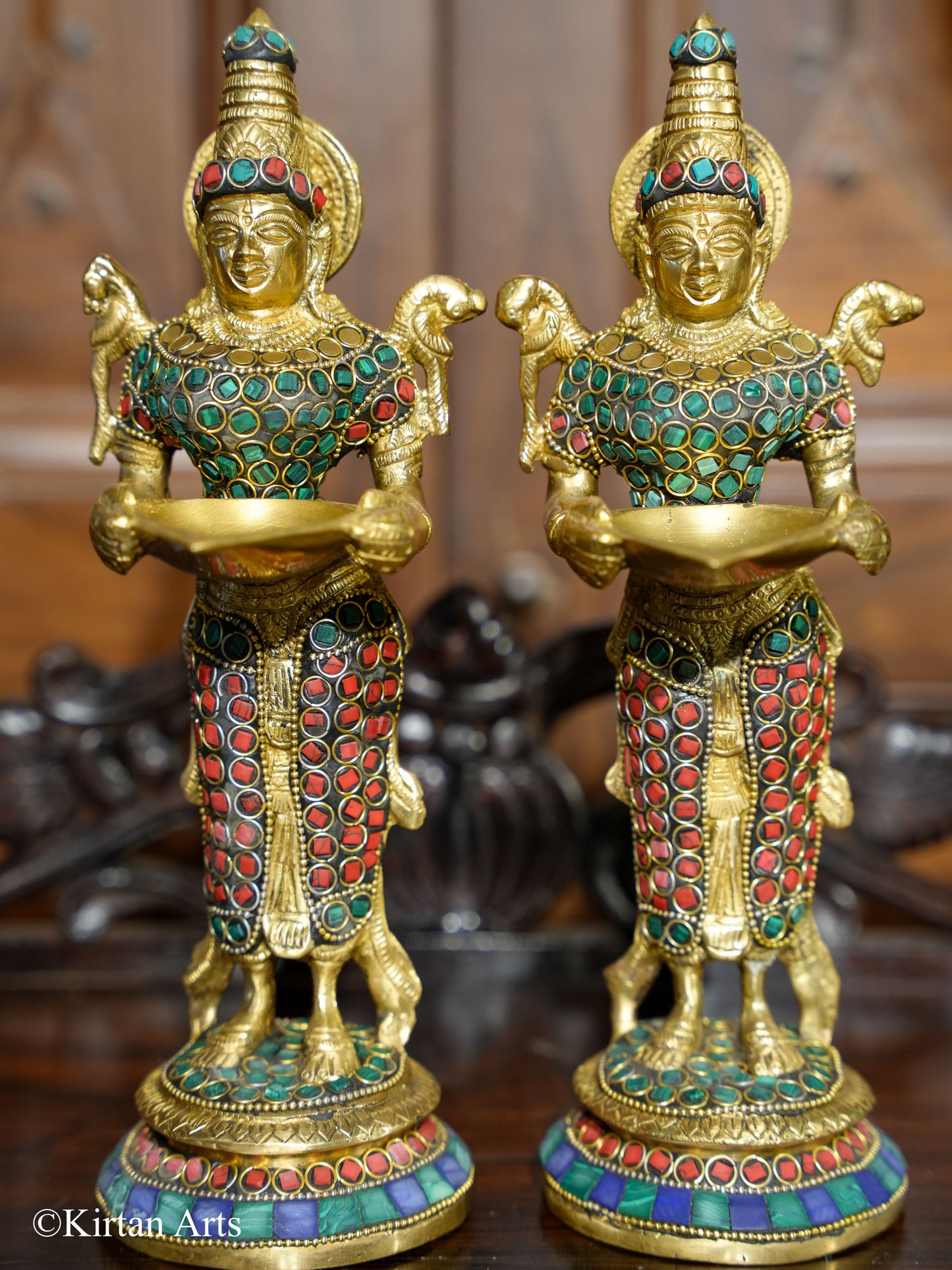 Brass Deep Lakshmi Pair Stonework 10.5"