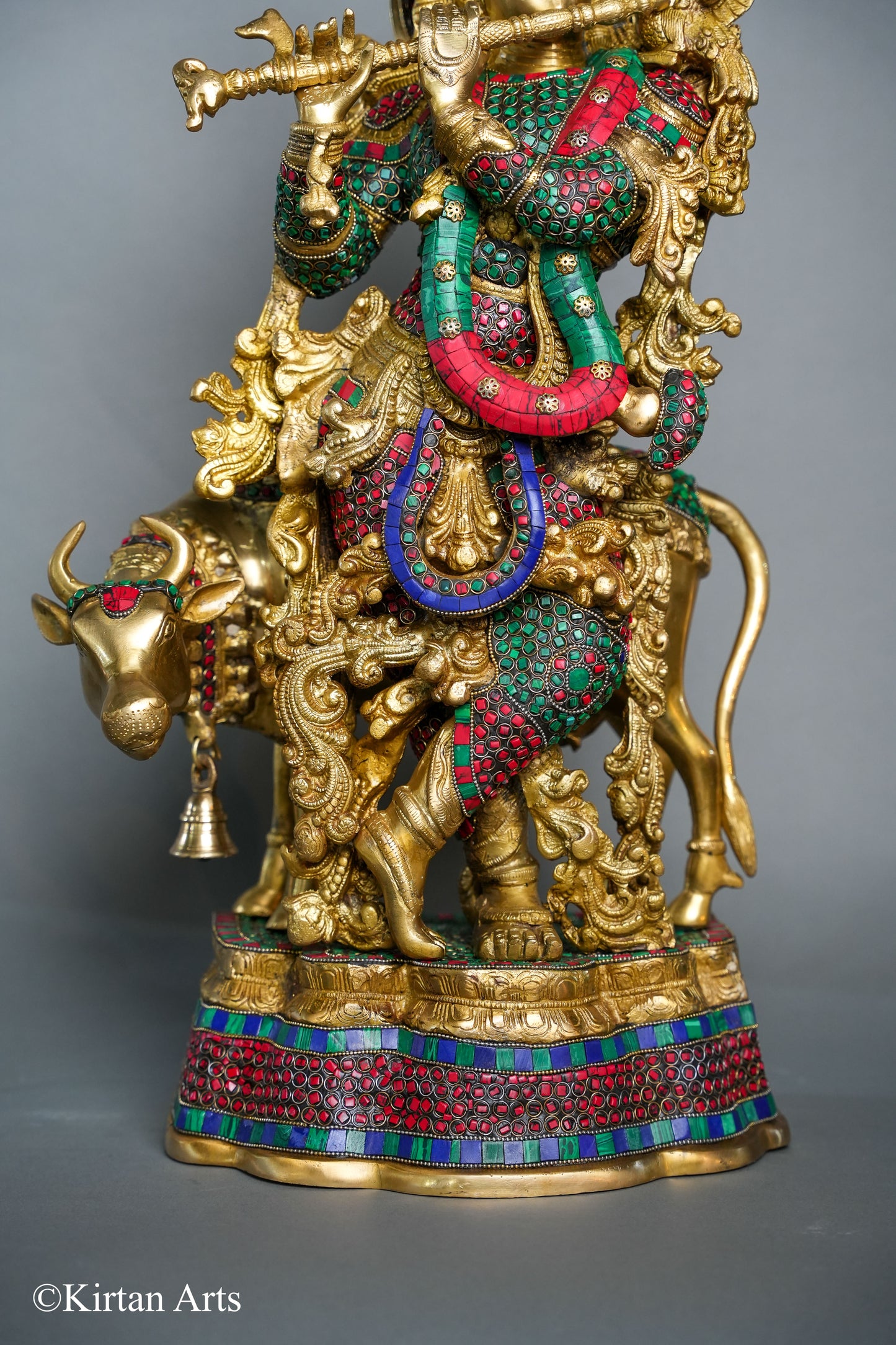 Brass Cow Krishna with Stonework 26"