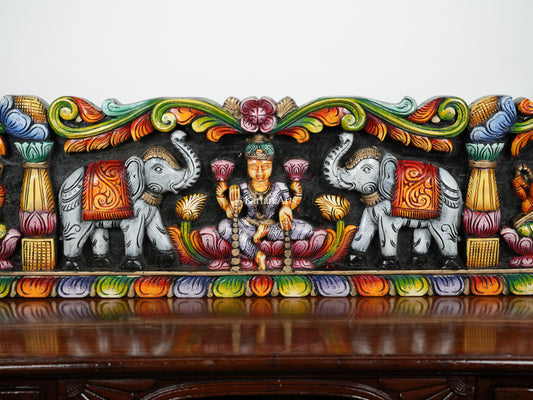 48" Gaja Lakshmi Wooden Panel with Ganesha and Saraswati | Hand Carved