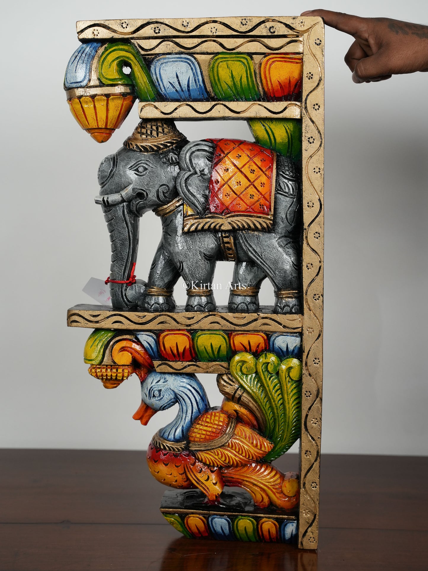 Wooden Elephant and Peacock Wall Bracket | 24" | Painted