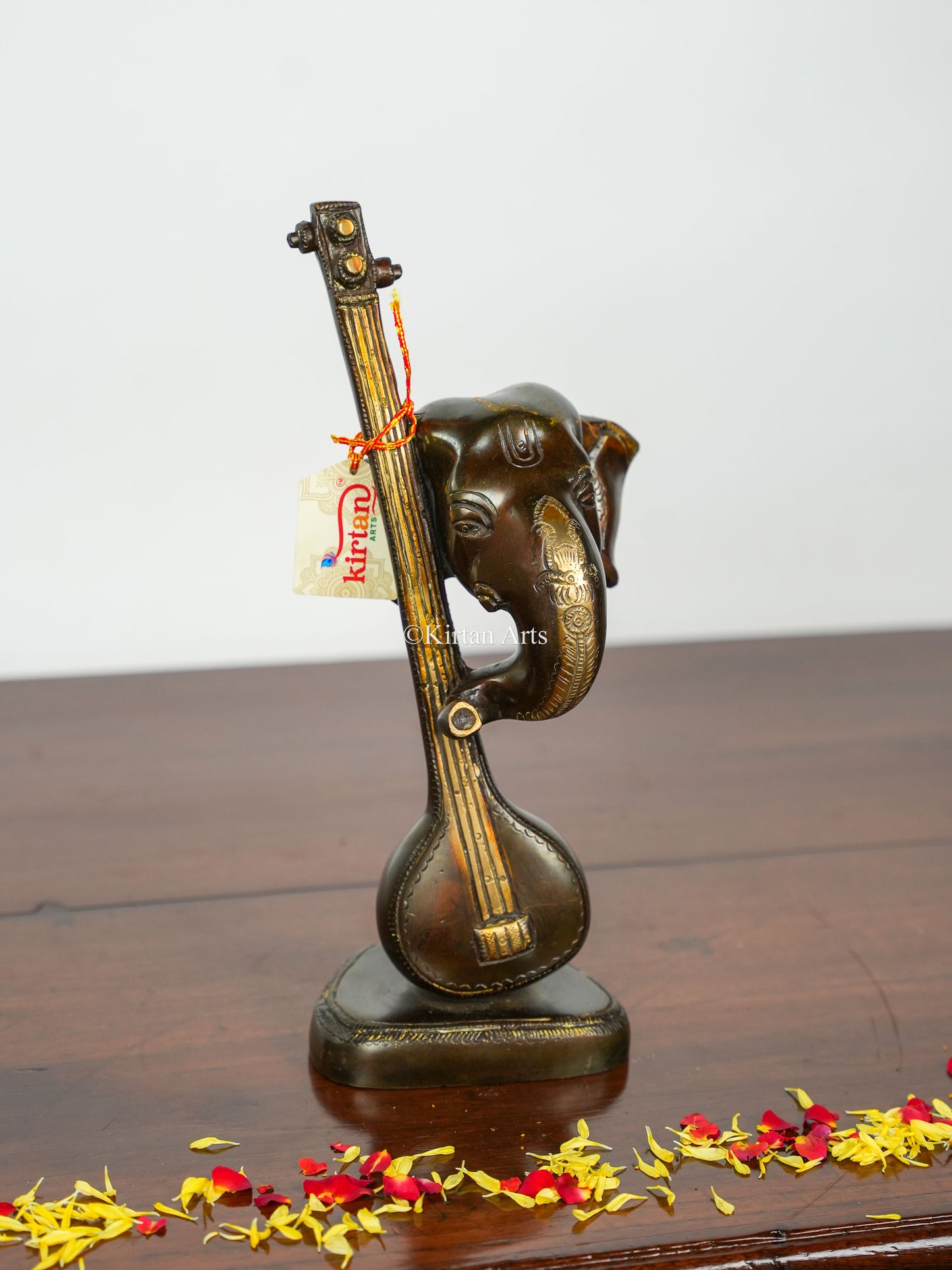 Brass Ganesha with Sitar | 12" | Dark Bronze Finish