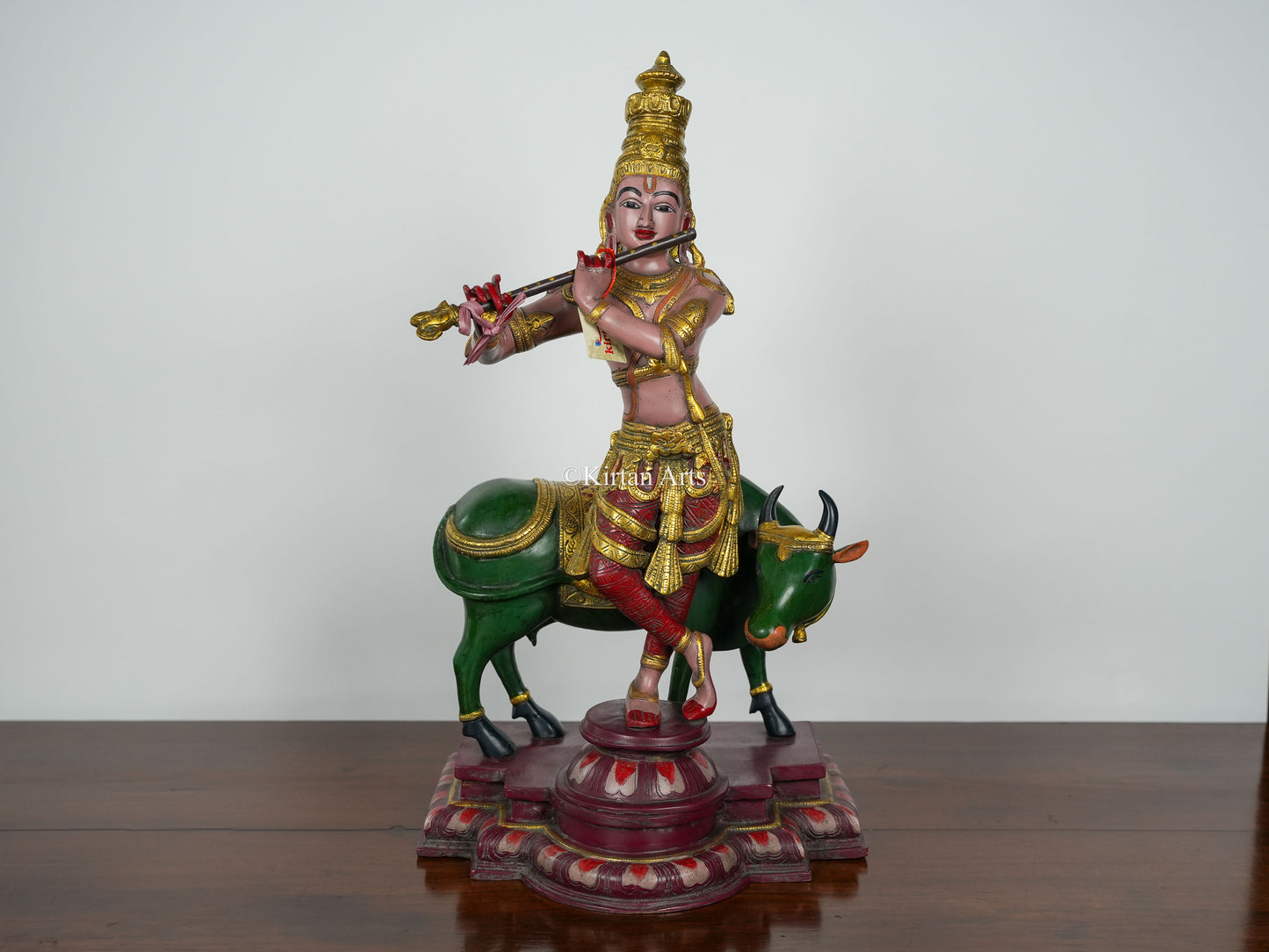 Brass Lord Krishna with Cow | Hand Painted | 25"
