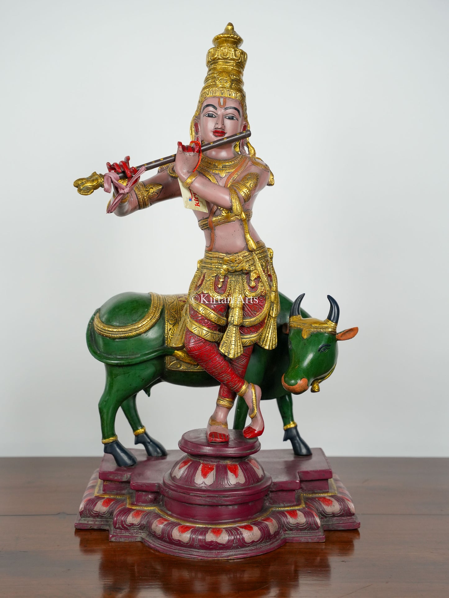 Brass Lord Krishna with Cow | Hand Painted | 25"