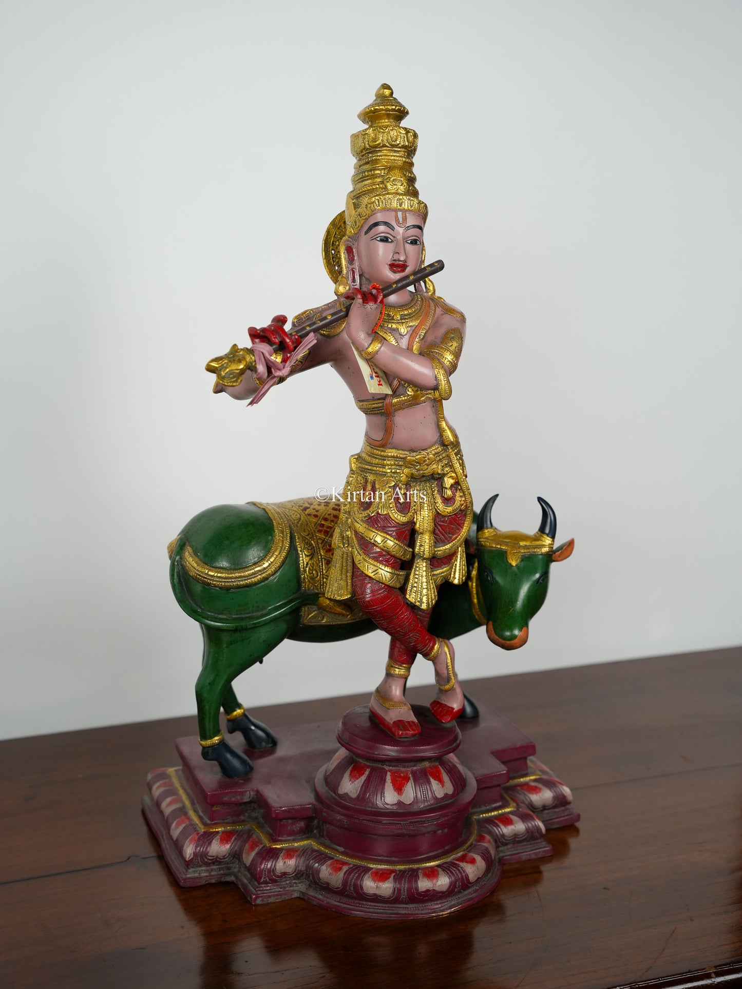 Brass Lord Krishna with Cow | Hand Painted | 25"