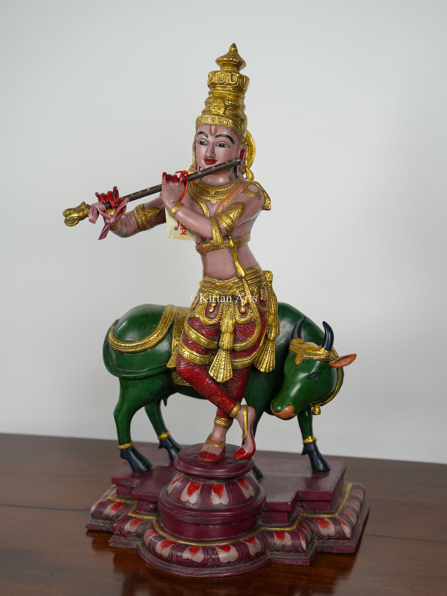 Brass Lord Krishna with Cow | Hand Painted | 25"