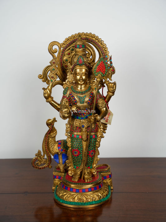 Brass Lord Murugan/Kartikeya | Colorful Stonework | 20"