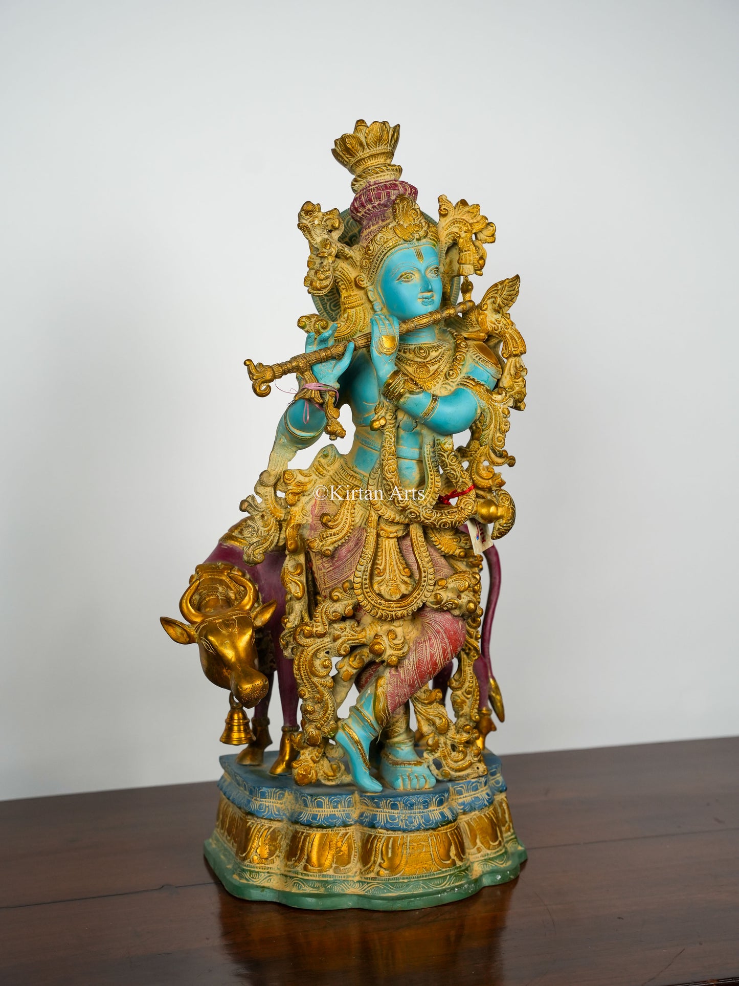 Pure Brass Lord Krishna with Cow | Multi Color Antique Finish | 26.5"