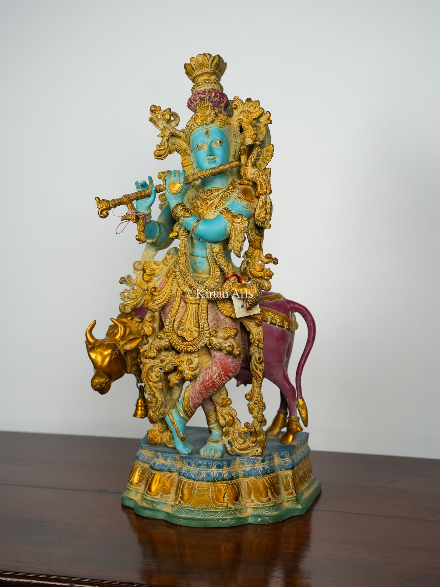 Pure Brass Lord Krishna with Cow | Multi Color Antique Finish | 26.5"