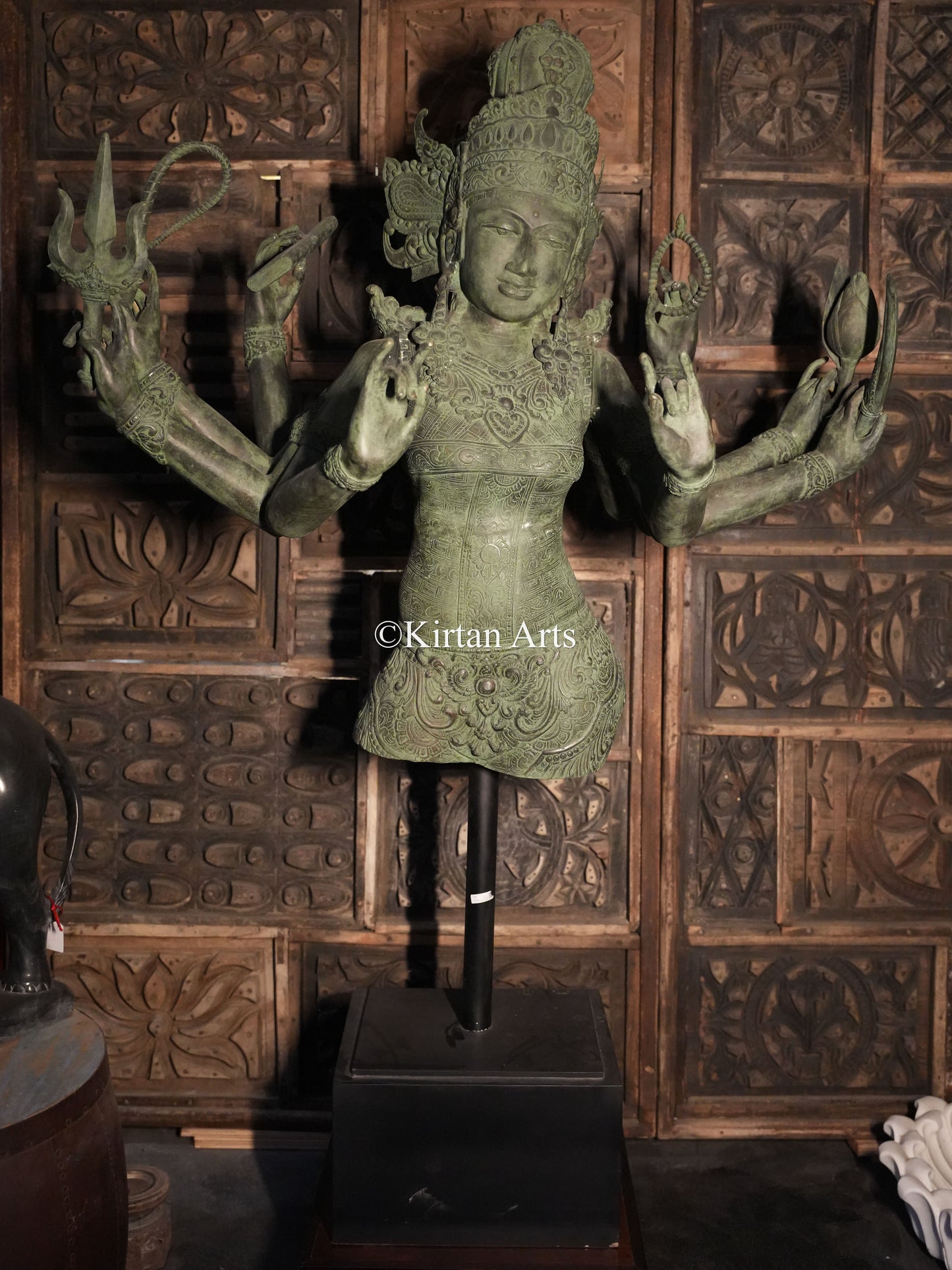 67" Large Goddess Parvati Sculpture | Indonesian Bronze | Wooden Base | 8 Hands