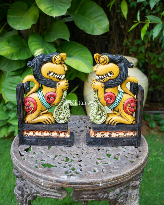 Hand-Carved Wooden Yali (Guardian Lion) Wall Bracket Pair | 15" | Yellow | Watercolors