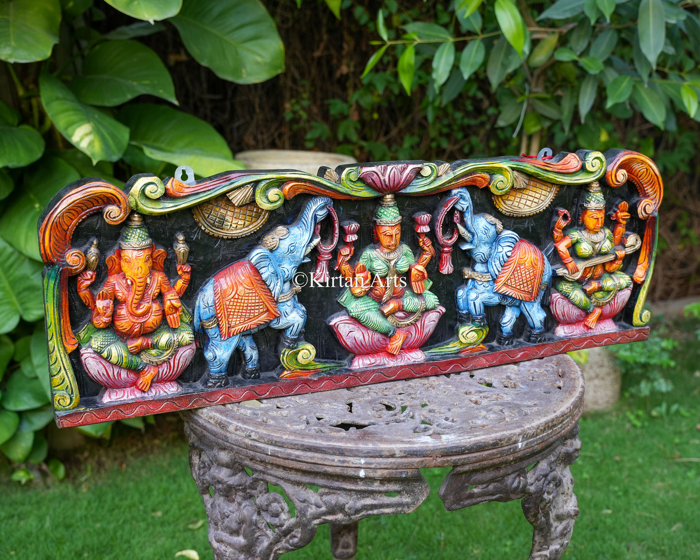 36" Hand-Carved Gajalakshmi Ganesha Saraswati Wall Panel