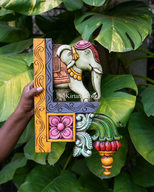 Hand-Carved Wooden Elephant Corbel Wall Bracket Pair | 18" Watercolor
