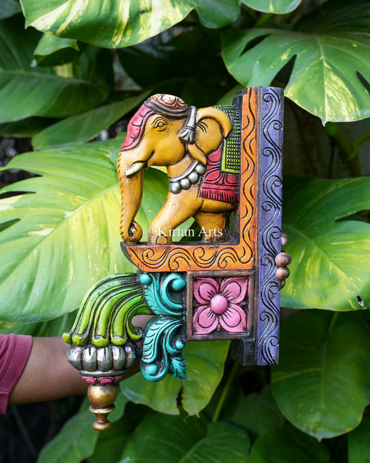 Hand-Carved Wooden Elephant Corbel Wall Bracket Pair | 18" | Watercolor | Yellow