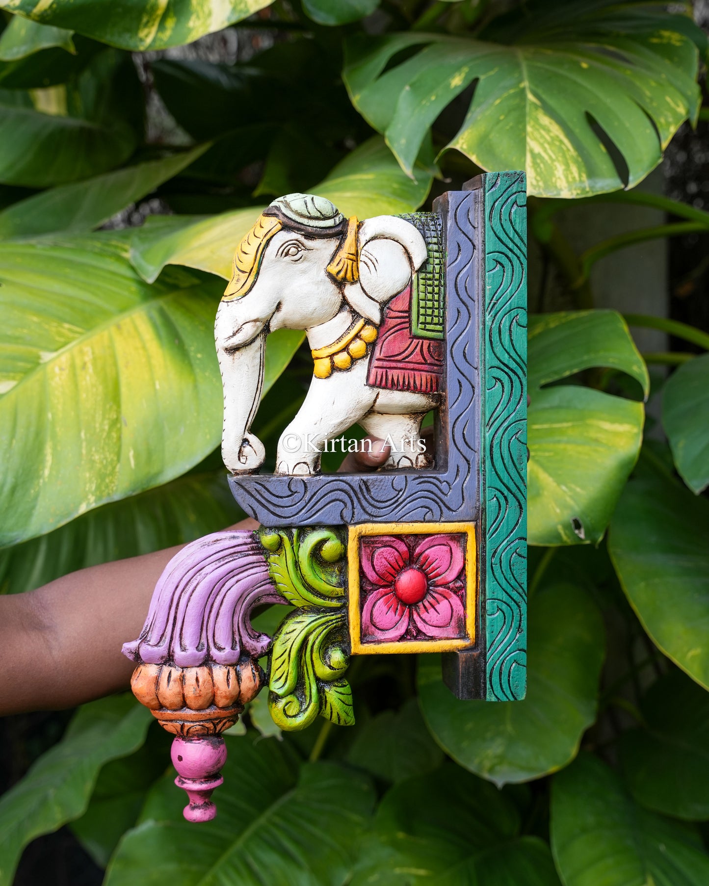 18" Hand-Carved Wooden Elephant Corbel Wall Bracket | Watercolor