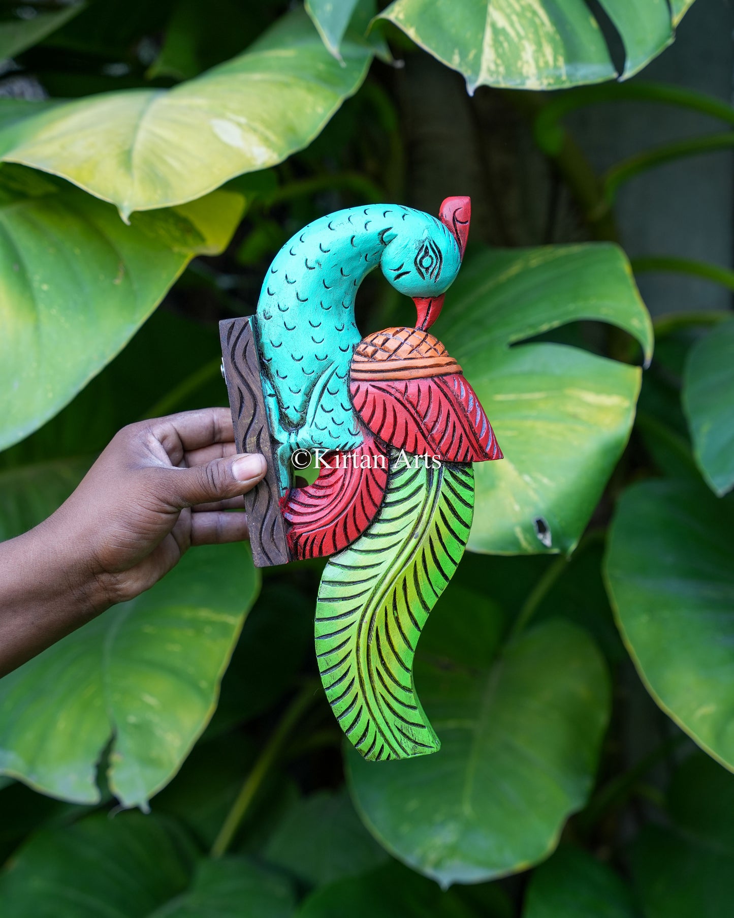 12" Hand-Carved Wooden Peacock Wall Accent Pair
