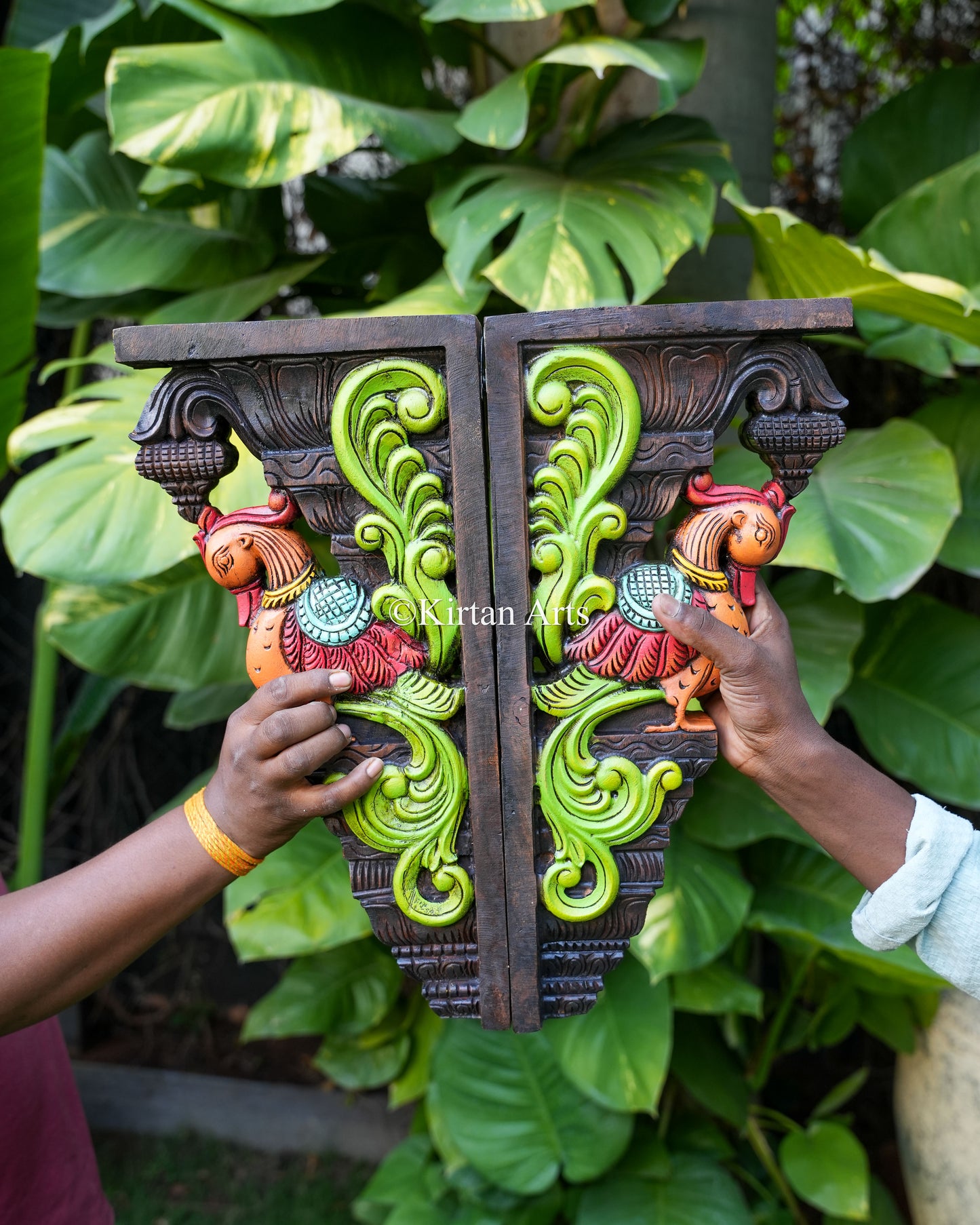 Hand-Carved Wooden Peacock Wall Bracket Pair | 18" | Red
