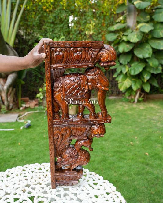 Hand-Carved Wooden Elephant & Peacock Wall Bracket (Corbel) Pair | 24"
