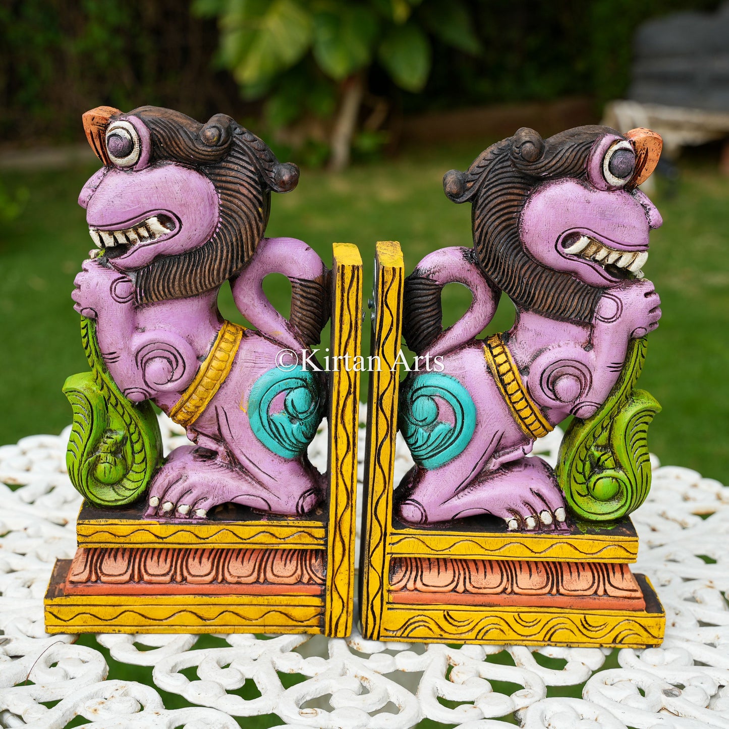 15" Hand-Carved Wooden Yali Wall Bracket | Purple | Watercolors