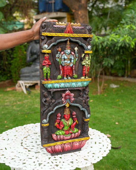 Hand-Carved Lord Vishnu and Goddess Lakshmi Wall Panel | 30"