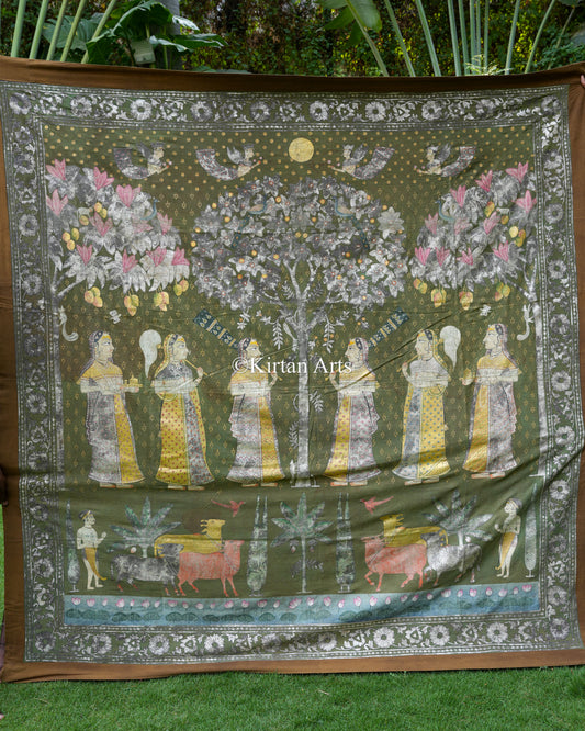Grand 7ft x 7ft Deccan Antique Pichwai – Original Silver Leaf Bhavmandal Masterpiece
