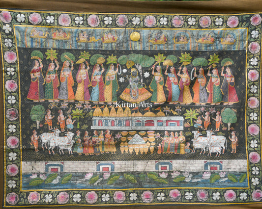4ft x 3ft Antique-Finish Shrinathji Pichwai – Narrative Annakoot Celebration