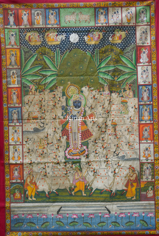 Grand 6ft x 4ft Gopashtami Pichwai – Shrinathji with 24 Seasonal Shringars