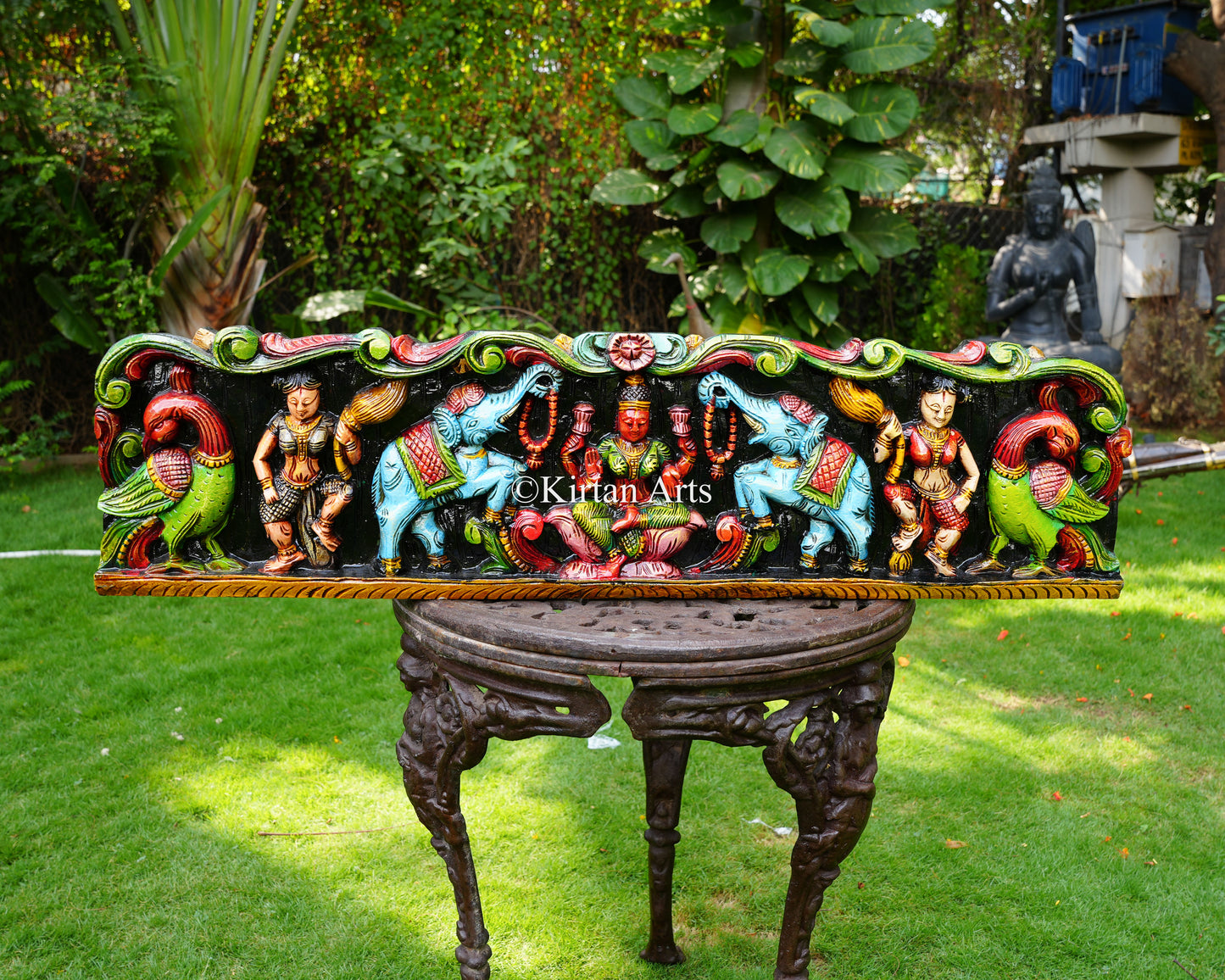 Hand-Carved Solid Wood Gaja Lakshmi Lintel Panel – 42-Inch Traditional Wall Pediment with Attendants and Peacocks