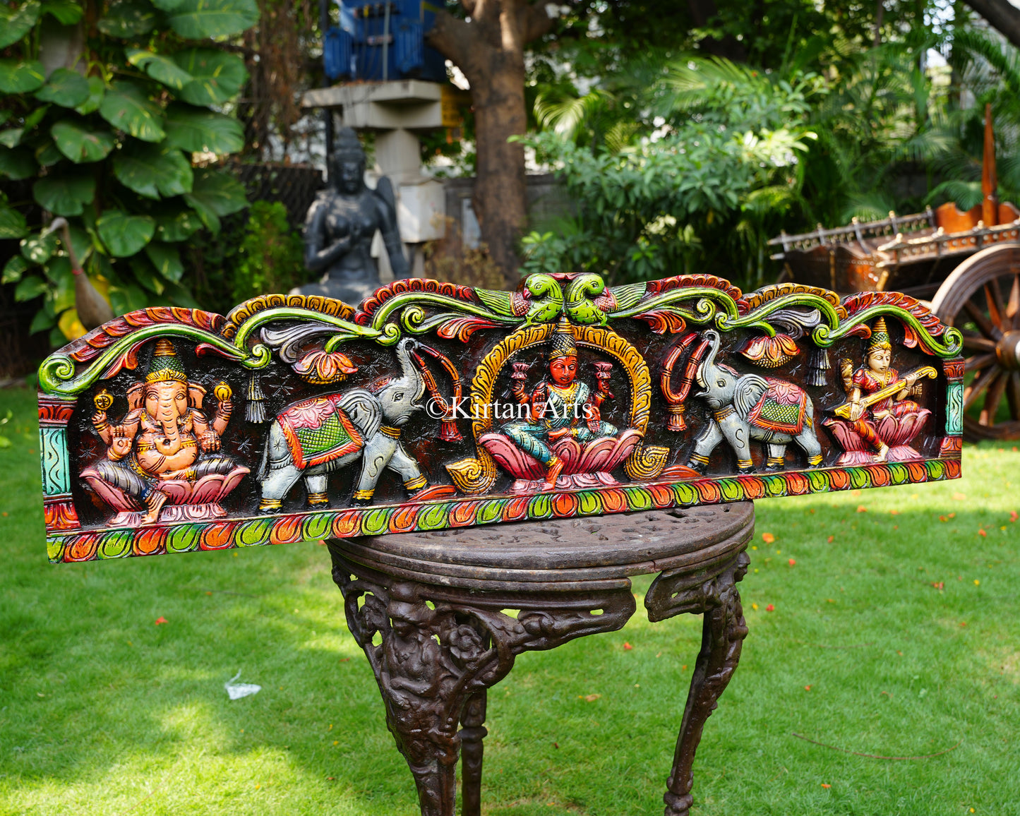 Hand-Carved Solid Wood Gaja Lakshmi Panel with Ganesha & Saraswati – 48-Inch Traditional Wall Pediment Art