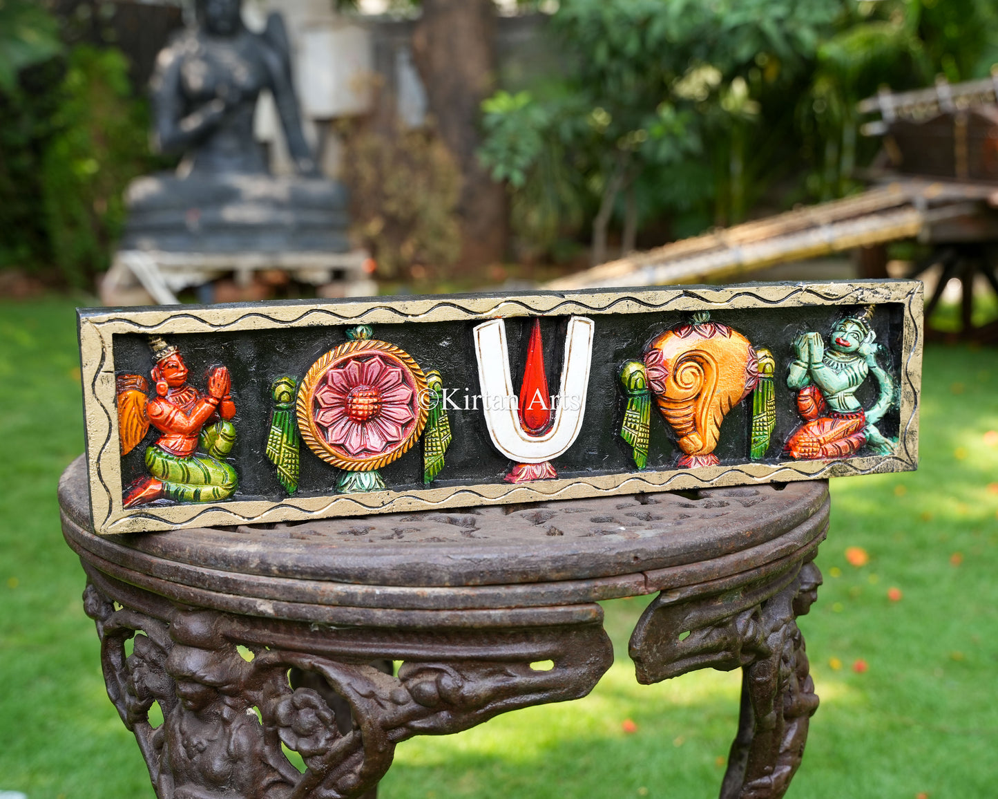 Hand-Carved Solid Wood Shanka Chakra Namam Panel – 24-Inch Traditional Vaishnava Wall Art