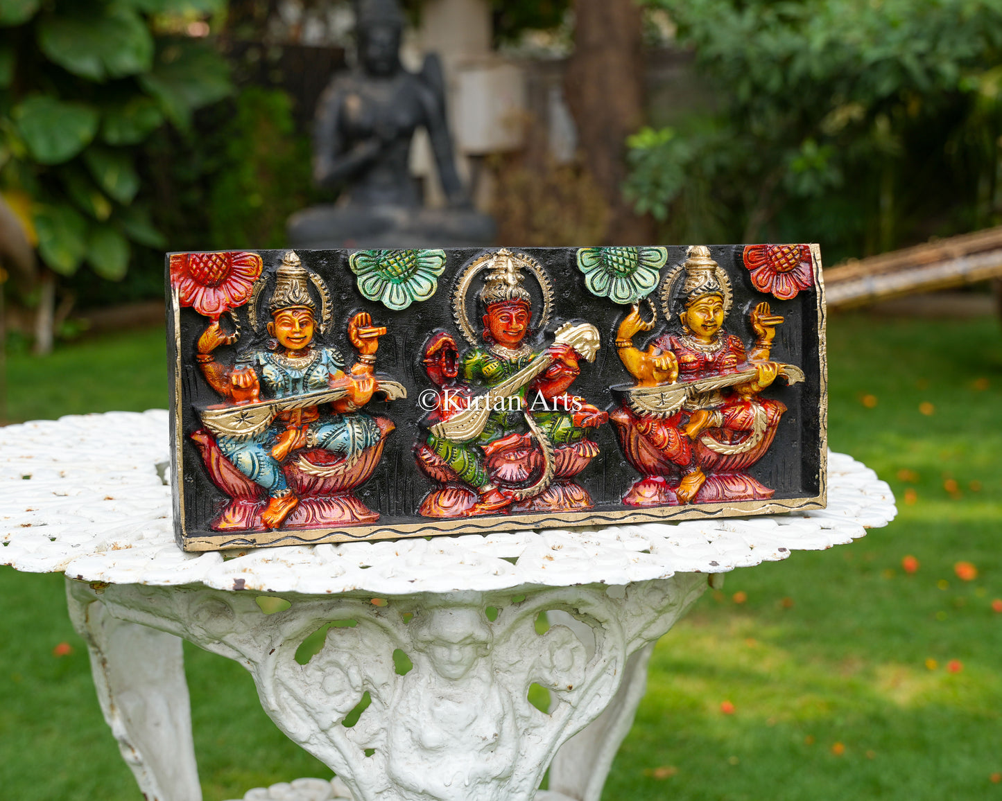 Hand-Carved Solid Wood Triple Saraswati Panel – 18-Inch Traditional Wall Art Featuring Manifestations of the Goddess of Wisdom