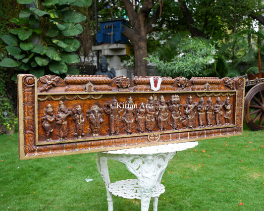 Hand-Carved Wood Srinivasa Kalyanam Panel – 60-Inch Epic South Indian Architectural Lintel featuring the Divine Wedding of Tirupati Balaji
