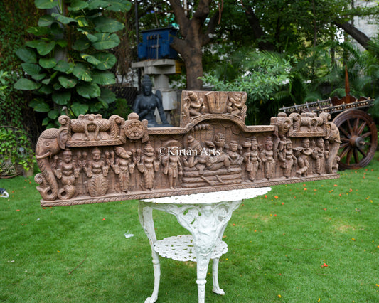 Hand-Carved Wood Dasavatar Panel – 60-Inch Epic South Indian Architectural Lintel featuring Lord Padmanabha and the Ten Incarnations