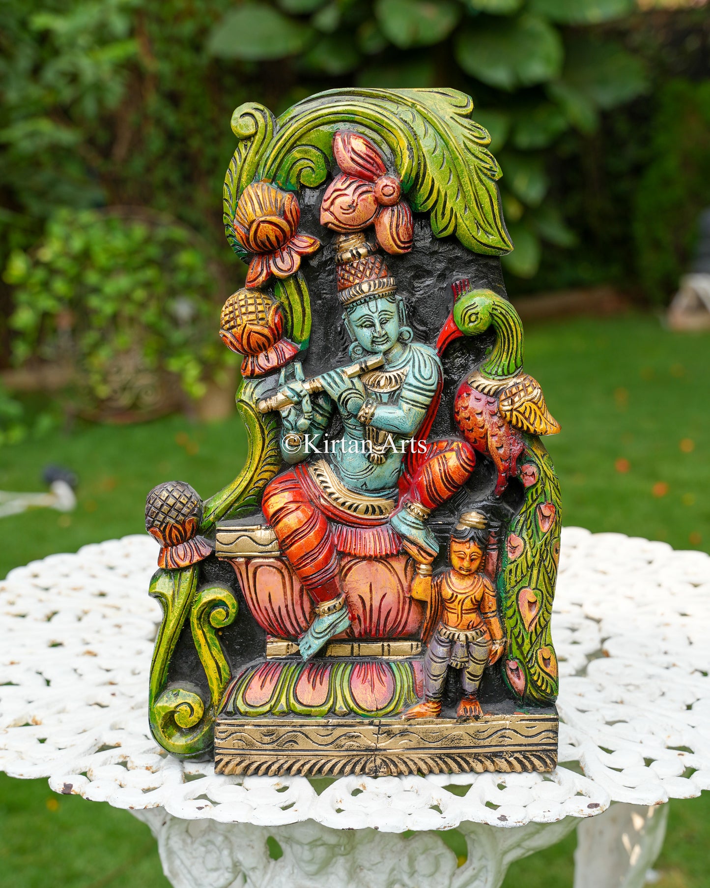 Hand-Carved Solid Wood Venugopala Krishna Panel – 18-Inch Traditional Flute-Playing Krishna Polychrome Wall Art Plaque