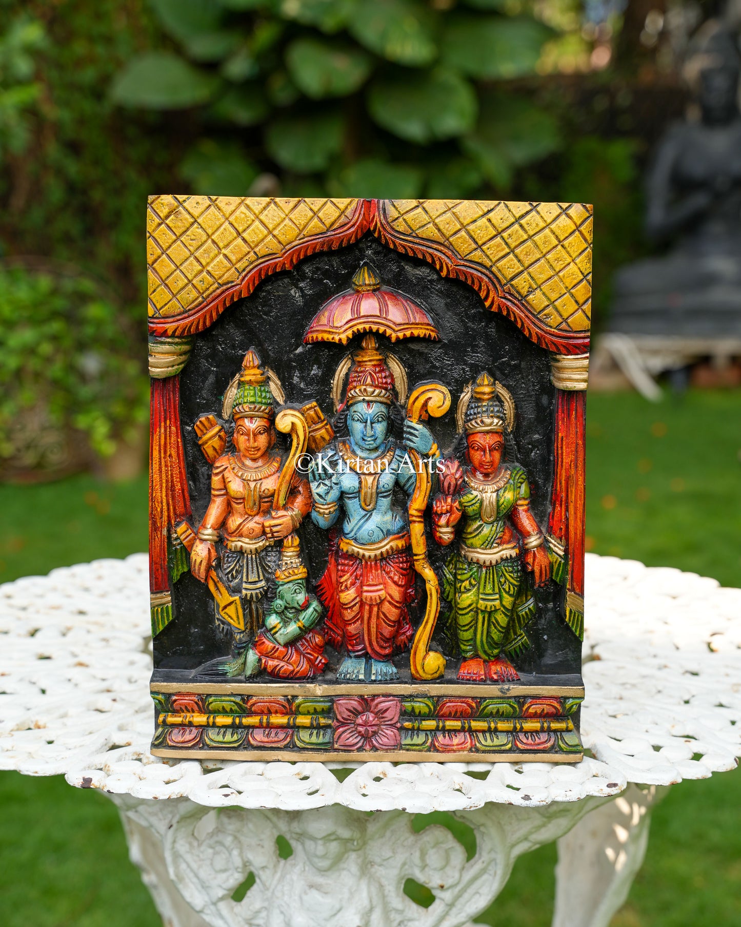Hand-Carved Solid Wood Ram Darbar Panel – 15-Inch Traditional Sri Rama, Sita, Lakshmana, and Hanuman Polychrome Wall Art Plaque