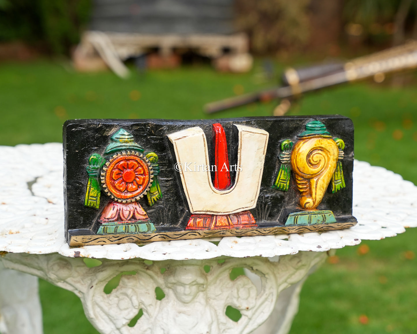 Hand-Carved Solid Wood Shanku Chakra Namam Panel – 14-Inch Traditional Tirupati Balaji Symbols Polychrome Wall Plaque