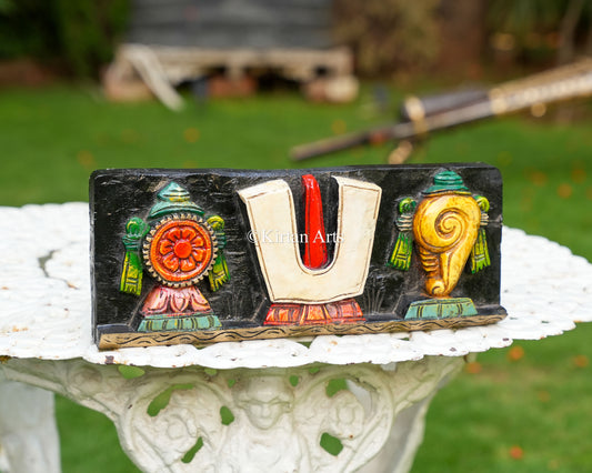 Hand-Carved Solid Wood Shanku Chakra Namam Panel – 14-Inch Traditional Tirupati Balaji Symbols Polychrome Wall Plaque