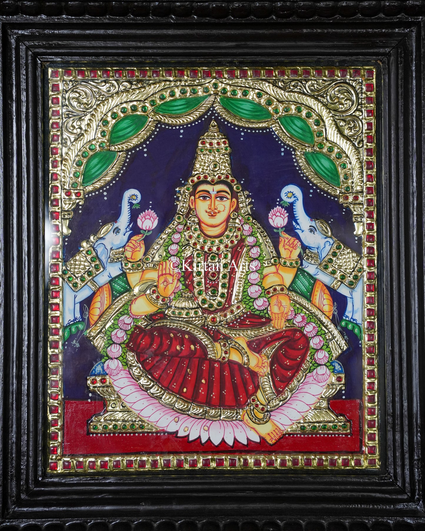 Divine Goddess Gajalakshmi Tanjore Painting – 12x10 Inch Traditional Gold Foil Wall Art (15x13 Inches with Frame)