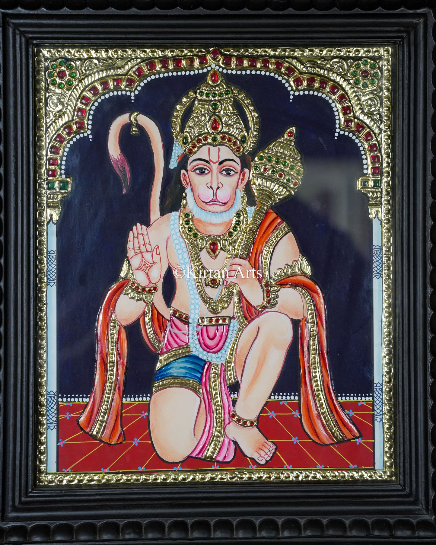 Divine Lord Hanuman Tanjore Painting – 12x10 Inch Traditional Gold Foil Wall Art (15x13 Inches with Frame)