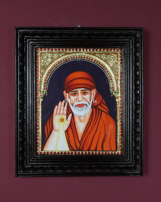Divine Shirdi Sai Baba Tanjore Painting – 12x10 Inch Traditional Gold Foil Wall Art (15x13 Inches with Frame)