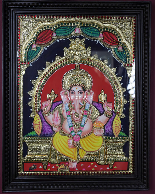 Divine Ganesha Tanjore Painting – Large 24x18 Inch Traditional Gold Foil Wall Art (27x21 Inches with Frame)