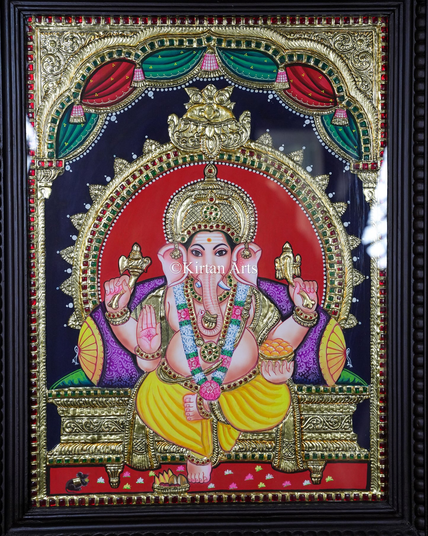 Divine Ganesha Tanjore Painting – Large 24x18 Inch Traditional Gold Foil Wall Art (27x21 Inches with Frame)