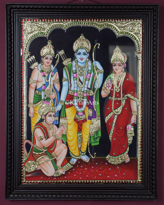 Divine Ram Parivar Tanjore Painting – 24x18 Inch Traditional Gold Foil Wall Art (27x21 Inches with Frame)