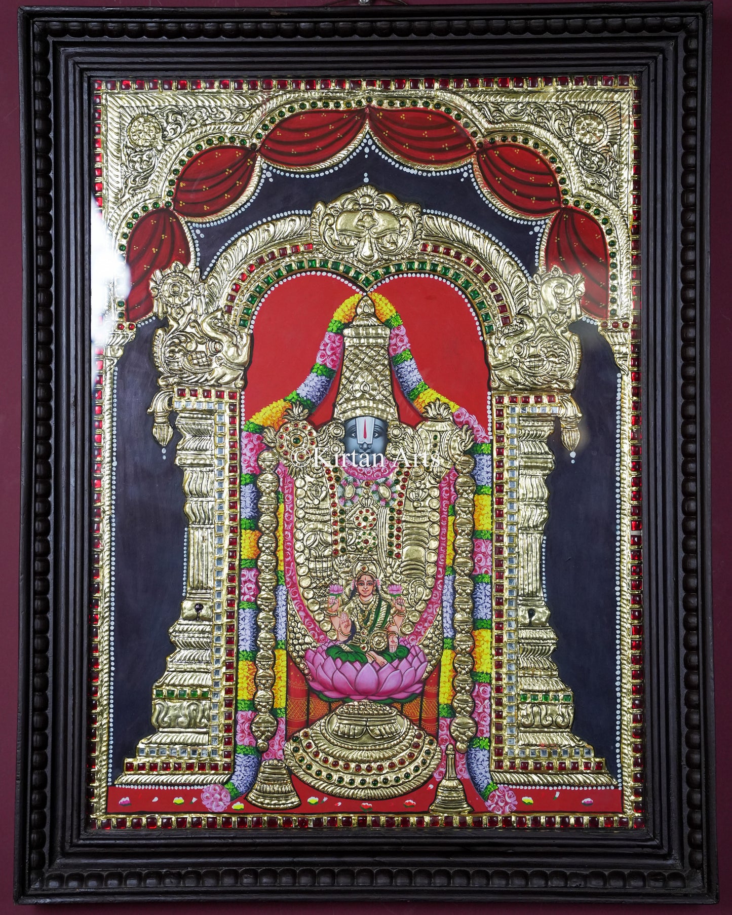 Divine Tirupati Balaji with Lakshmi Tanjore Painting – 24x18 Inch Traditional Gold Foil Wall Art (27x21 Inches with Frame)